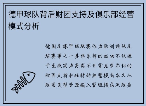 德甲球队背后财团支持及俱乐部经营模式分析